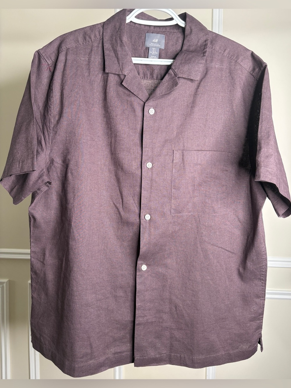 H&M Men's Short-Sleeve Button-Down Linen-Blend Brown Shirt